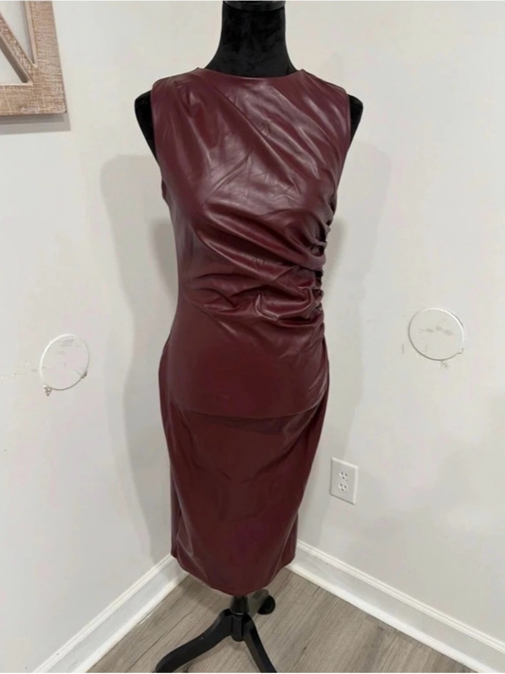 SHEIN Wine Faux-Leather Ruched Sleeveless Midi Dress